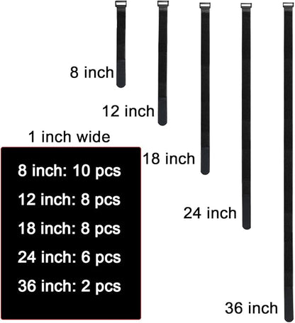 32 pcs 1-inch-wide Hook and Loop Cable Straps, 8"-12"-18"-24"-36" Adjustable Fastening Straps, Fixing and Organizing Cable Ties Set, Multi-Purpose Nylon Cinch Strap, Heavy-Duty Storage Straps