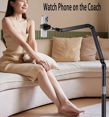 Phone Floor Stand for Recording Cell Phone Holder for Bed, Adjustable Tall Stand with Ultra-Long Extension Arm, 360° Swivel, Compatible with iPhone Samsung and More