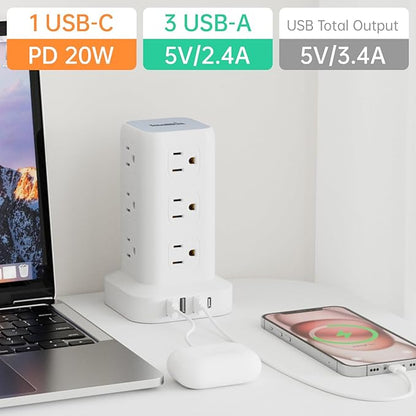 PD20W Power Strip Tower Surge Protector,16.5FT Extension Cord,Power Strip with USB 12 Outlets with 4 USB Ports (1 USB C), Flat Plug Multi Plug Outlet Extender Overload Protection for Home Office
