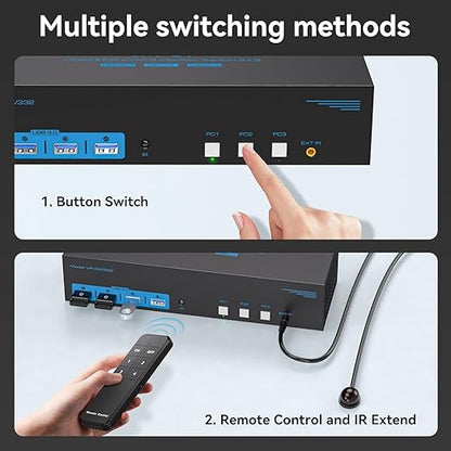 4K144Hz HDMI + 2 Displayport KVM Switch 3 Monitors 3 Computers 8K USB 3.0 KVM Switches Triple Monitor for 3 Computer Share 3 Screens and 4 USB 3.0 Ports Support Extended/Copy Mode