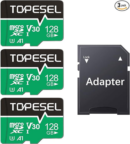 TOPESEL Micro SD Card high Speed 90mb per Second TF Card 4K Recording Memory Card with Adapter (3 Pack, 128, GB)
