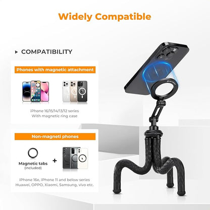 K&F Concept Flexible Tripod, Magnetic Flexible Phone Stand with Wireless Remote, Mini Vlogging Tripod for Magsafe iPhone 16 Pro Max/15/14/13/12 All Phones and Actions Camera.