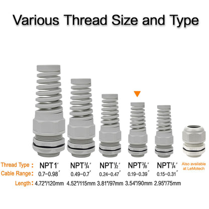 LeMotech 10Pcs NPT 3/8" IP68 Waterproof Cable Gland Flex Spiral Strain Relief Grey Nylon Joint with Gaskets for 5-10mm Wire Thread