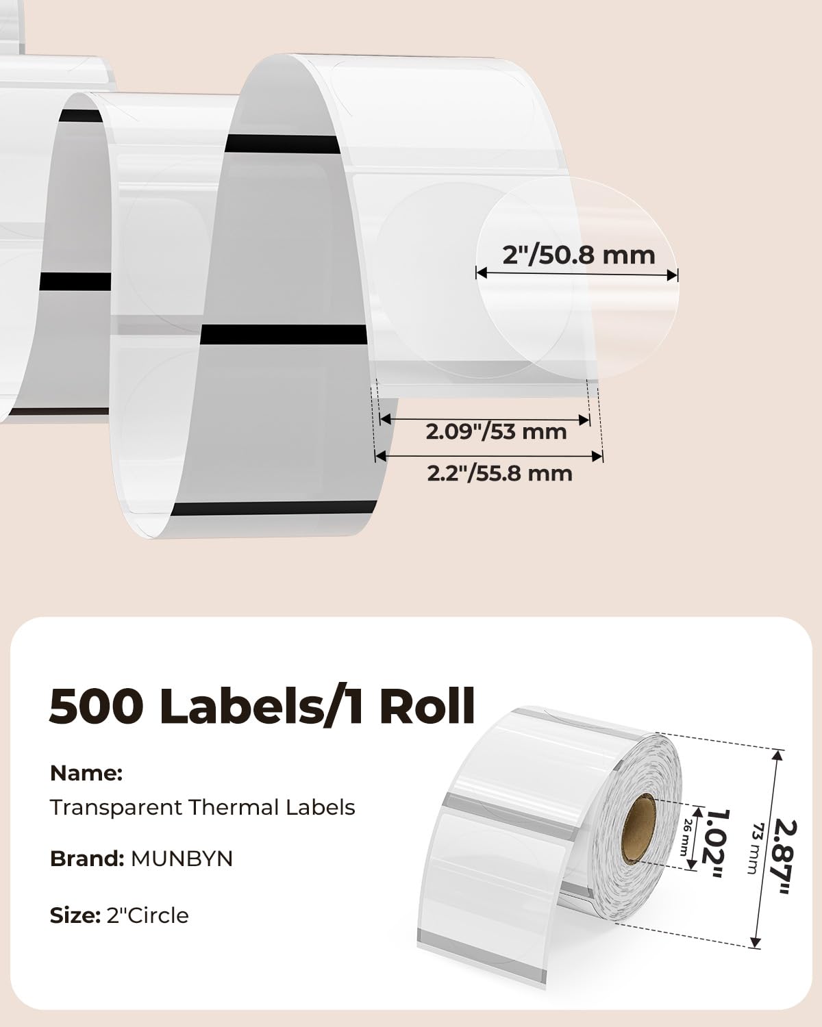 MUNBYN 2 Inch Transparent Round Thermal Labels, 500 Sheets/1 Roll