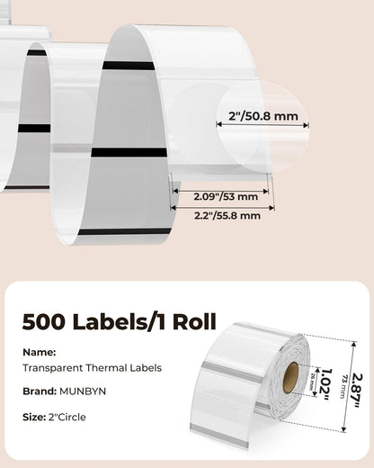 MUNBYN 2 Inch Transparent Round Thermal Labels, 500 Sheets/1 Roll