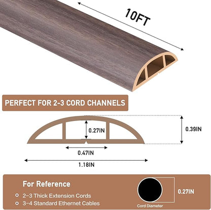 Floor Cord Cover Self Adhesive Cord Hider Floor Extension Cord Covers for Floor Power Cord Protector Cable Management Prevent Cable Trips Cable Cavity 0.47" W x 0.27" H (Brown Walnut Wood, 10Ft)