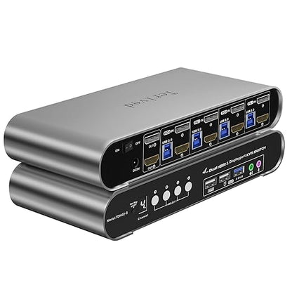 4 Computers 2 Monitors Automatic KVM Switch, HDMI 4k@60Hz + DP 8K 30Hz 4K@144Hz, Aluminum Alloy Shell, Digital Display, Audio/Microphone, hotkey, HDR10 with Cables