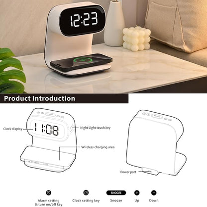 Digital Alarm Clock with Wireless Fast Charging Station 15W Touch Smart Lamp for Bedside,3 Colors Nightlight Adjustment Night Lamp for Living Room,Bedside,Heavy Sleepers (White+No Adapter)