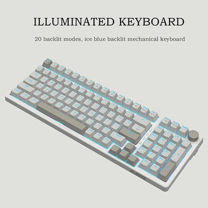 FIRSTBLOOD ONLY GAME. AK992 Retro Wired Mechanical Keyboard, 98 Keys Full Layout, Hot-Swappable USB Gaming Keyboard with Red Switches, Multimedia Keys Knob, Blue Backlit, Anti-Ghosting, Grey