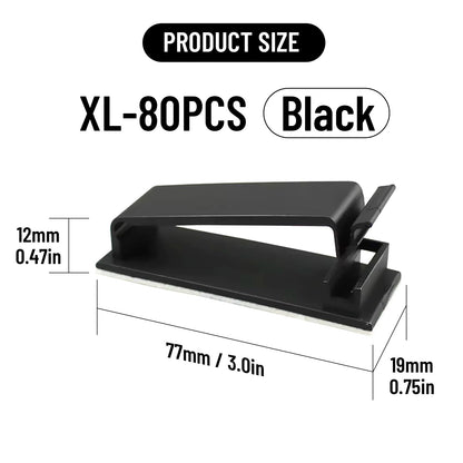 Adhesive Cable Clips Holder, Outdoor Light Clips, Black Cord Wire Clips, Sturdy Nylon Cord Wall Finisher Wire Clamp for Home, Car, Office Desk Wire Management (Black, XL-80 PCS)