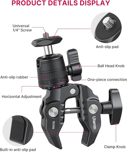 ULANZI R099 Super Clamp Camera Mount - Heavy Duty 3.3lb Load Metal Clamp with 360° Ball Head for Action Cameras (GoPro/Insta360/DJI), DSLR, Bike/Motorcycle Handlebar, Pole/Tube Mount Accessories