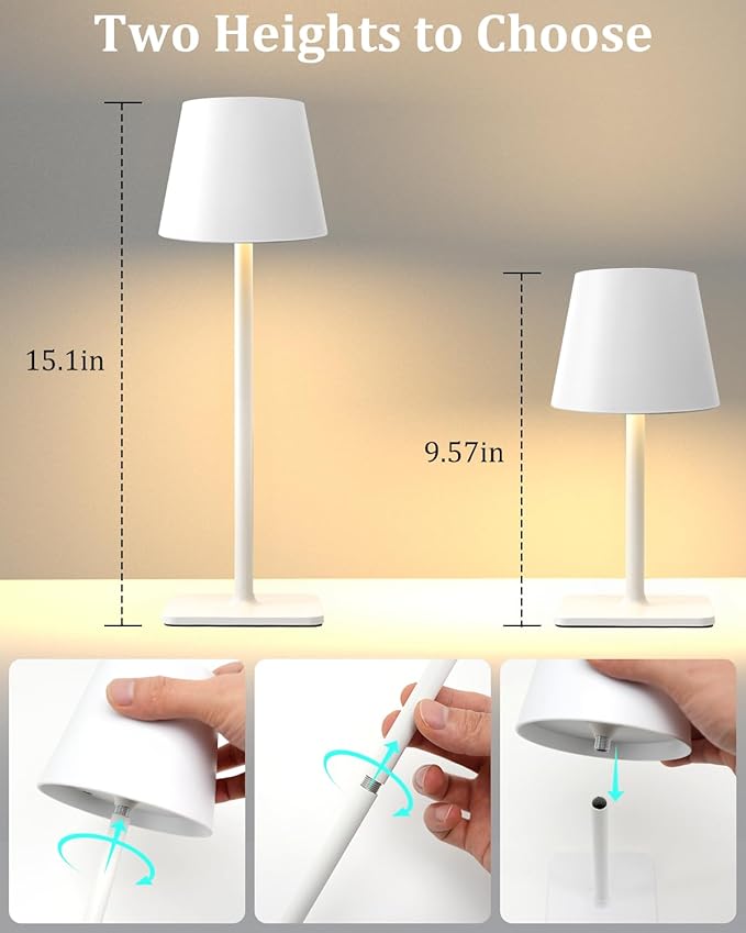 Cordless Table Lamp Rechargeable Lamps: 6000mAh Battery Operated Table Lamp Outdoor Waterproof, Touch Control, Portable Wireless Desk Lamp for Dinner/Bedroom/Restaurant （White2 Pack