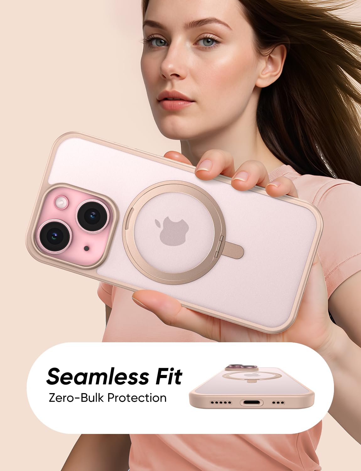 MAGIC JOHN for iPhone 15 Case 360° Rotatable Magnetic Invisible Stand, Fit for MagSafe 15 Phone Case, 16FT Military Grade Shockproof for iPhone Case with Kickstand, Rose Gold