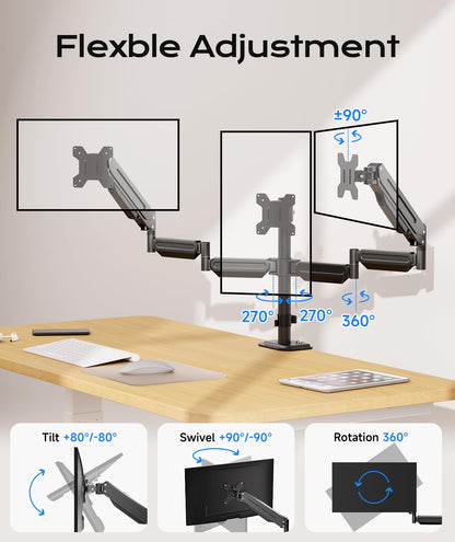 Pholiten Triple Monitor Mount for Desk, 2 Gas Spring Monitor Arms for 17-32 inches Screen, Fully Adjustable Heavy Duty Monitor Mount with Clamp & Grommet Mounting, Each Arm Holds 22 lbs