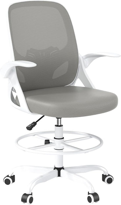 Tall Drafting Chair with Footrest Ring for Home and Work, Ergonomic Home Desk Office Chair with Flip up Arms and Lumbar Support, Extended Height Executive Desk Office Chair(Gray)