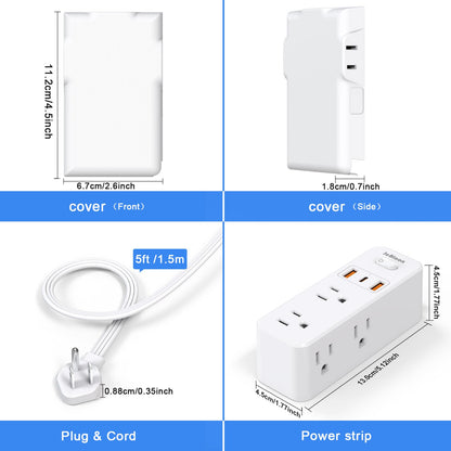 Power Strip Surge Protector with Flat Extension Cord Outlet Cover 6 AC Outlets(3 Wall Outlets Extender) 3 USB Ports (2USB C), 1050 Joules, Multi Plug for Home Office College Dorm Room Essential