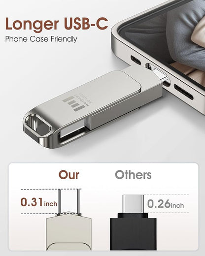 MOSDART 128GB USB3.1 Fast Speed C and A Dual Flash Drive, exFAT Memory Stick with Keychain Loop, for iPhone 15 and 16, Android Phone, iPad, MacBook, Silver