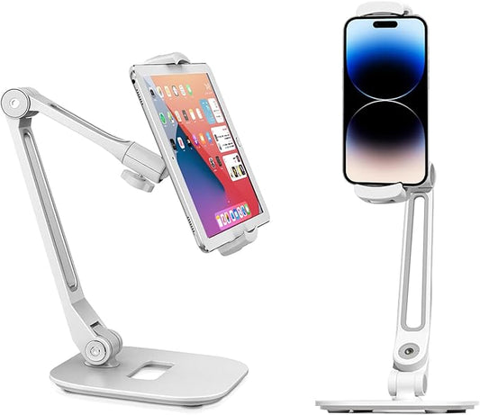 NLIEOPDA Tablet Stand Universal Holder for 4.9" - 12.9" Devices, 360° Rotating Security Stand for iPad, iPad Air, Samsung, Height Adjustable Foldable Table Top (White)