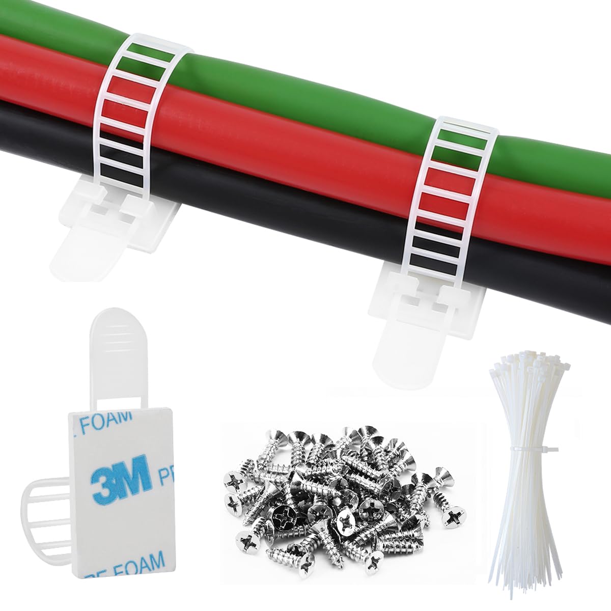 100Pcs Adhesive Cable Management Clips with 50Pcs Zip Ties, Adjustable Nylon Cable Strap Ties Wire Clips Clamps Organizer with Strong Adhesive Tape, Extra Screw & Hole - 3.55 Inch Black
