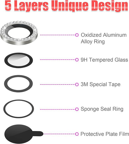 AGVEE 3+3 for iPhone 14 6.1" / 14 Plus 6.7" Camera Lens Protector, Bling Diamond & Bling Glitter Metal Ring 9H Tempered HD Glass Camera Protector Cover Film, Bling-Silver