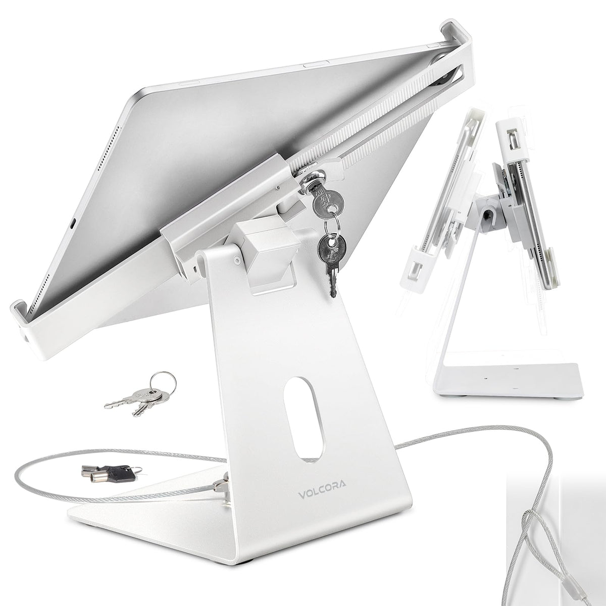 Volcora Anti-Theft Tablet Stand iPad Kiosk Stand with Lock, Silver 10-13'' iPad Stand for Desk, Swivel, Adjustable iPad Holder For Desk, iPad Mount For Desk For POS Register, Retail Business, Cashier