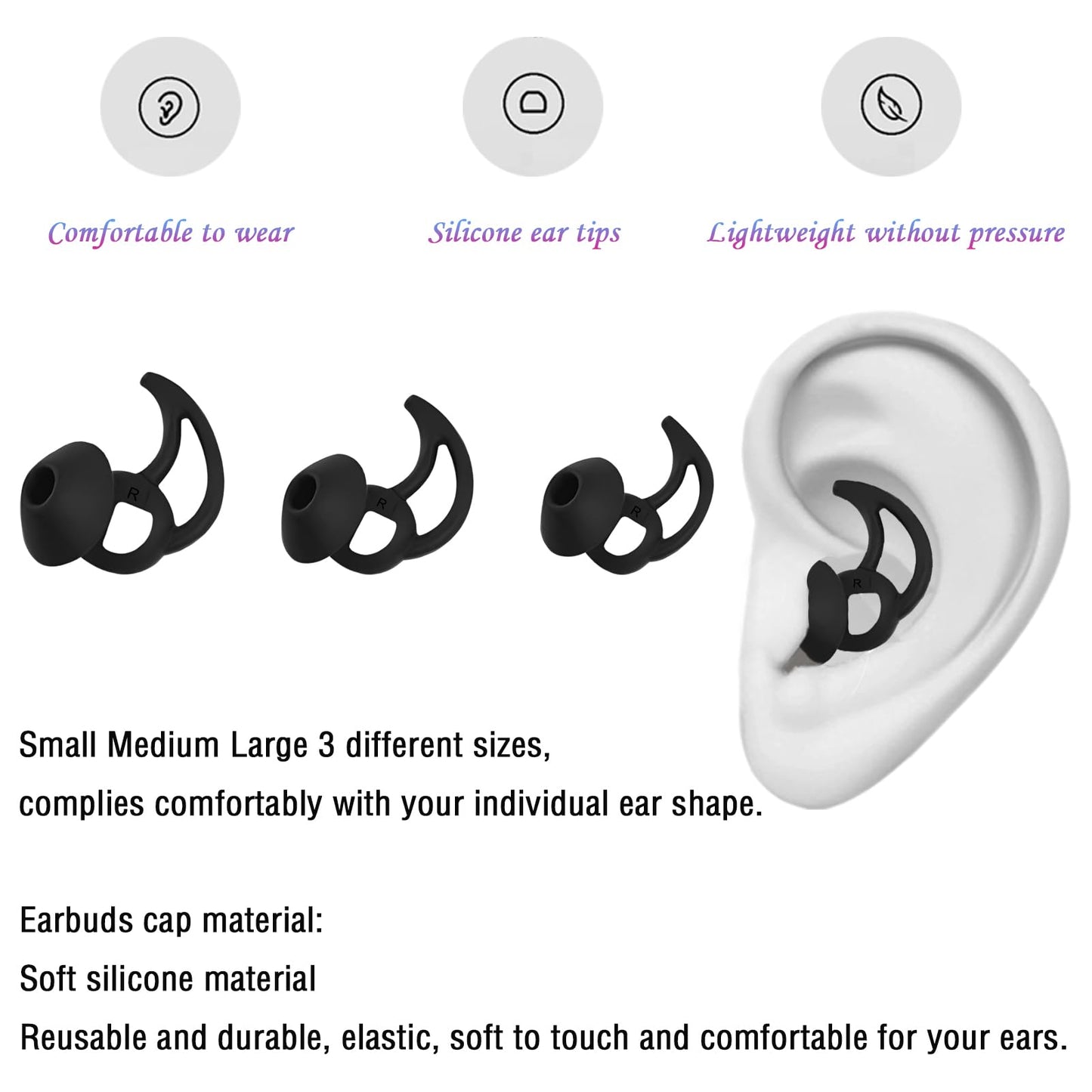 WKYMY Earbud Replacement Tips Silicone Earbud Tips Ear Bud Covers Compatible with Bose Quietcomfort and Sport Headphone Ear Tips 3 Pairs S M L Black