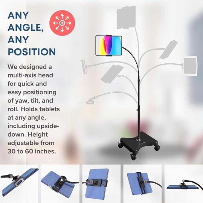 LEVO Adjustable Height Floor Stand on Wheels for Tablet & Phone - Gooseneck Holder Mount with Stable Base - Compatible with All Cell Phones & Tablets (4-13 inch) - Black with Casters