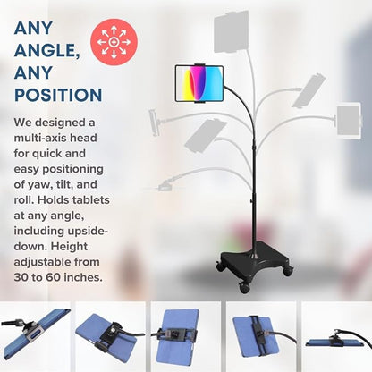 LEVO Adjustable Height Floor Stand on Wheels for Tablet & Phone - Gooseneck Holder Mount with Stable Base - Compatible with All Cell Phones & Tablets (4-13 inch) - Black with Casters