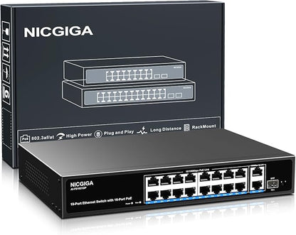 16 Port PoE Switch Unmanaged, 16 Port PoE+@250W, 2 Gigabit Uplink Ports, 1 SFP Port, NICGIGA 19 Port Network Power Over Ethernet Switch, VLAN Mode, AI Watchdog 19 inch RackMount, Plug and Play.