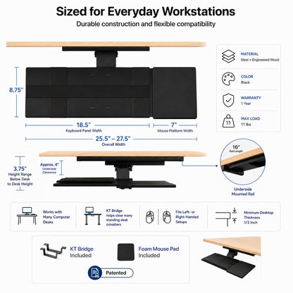 KT1 Ergonomic Keyboard Tray Under Desk, Under Desk Slide Out Tray with Adjustable Height and Tilt, Easy to Slide and Swivel 360 Degree, Keyboard Drawer with Adjustable Mouse Pad