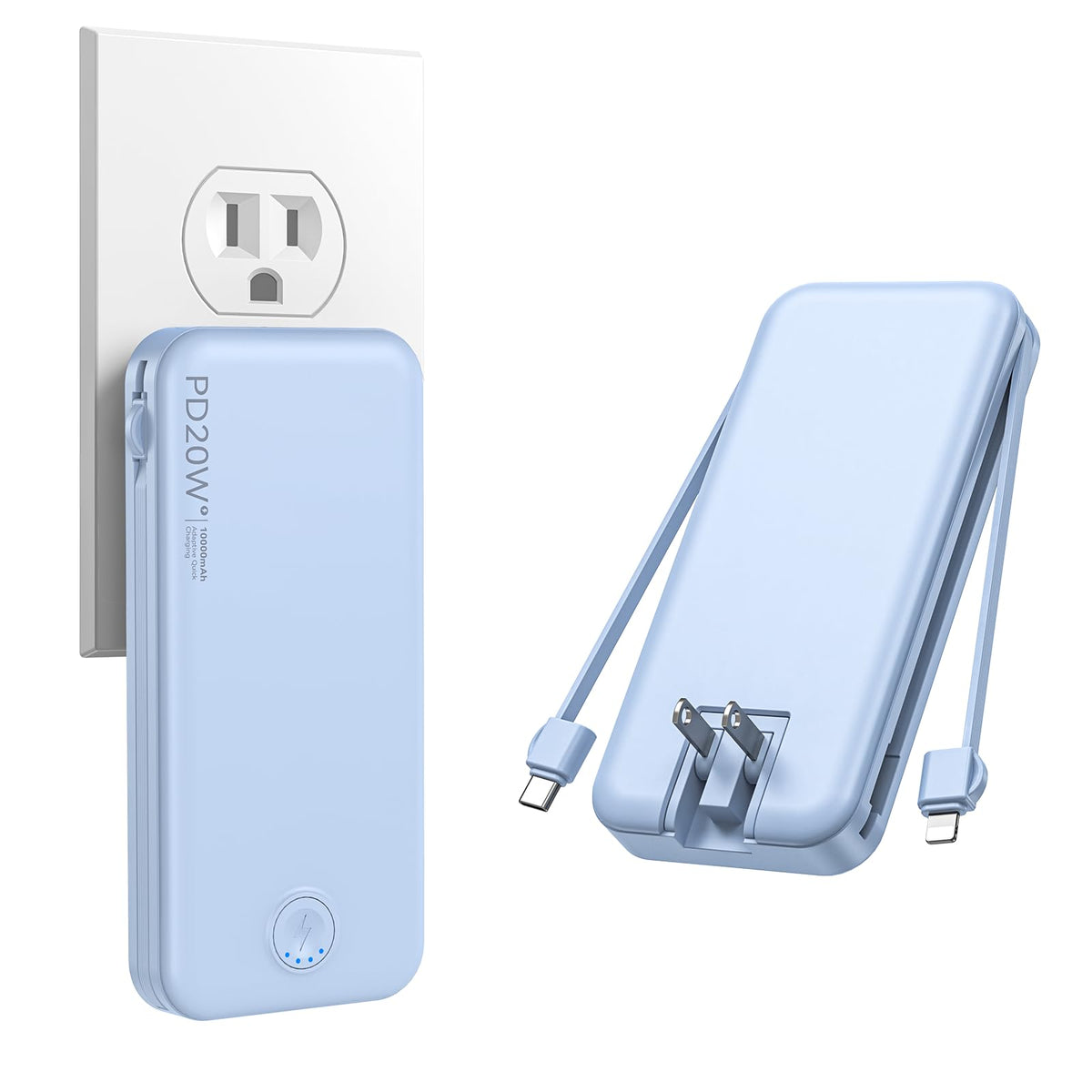 Nusyddy Portable Charger 10000mAh Fast Charging w/Built-in Wall Plug White
