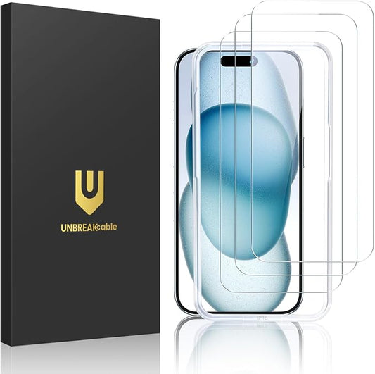 UNBREAKcable 2-Pack Screen Protector for iPhone 15 Plus, Military-Grade Shatterproof Tempered Glass [9H+ Hardness] [Easy Installation Frame] [99.99% HD Clear] for Apple iPhone 15 Plus