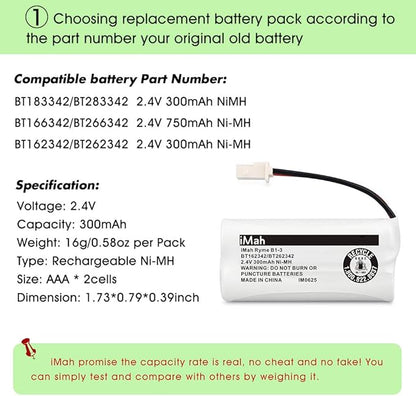 iMah BT162342/BT262342 2.4V 300mAh Ni-MH Cordless Phone Batteries Compatible with VTech CS6719 CS6114 CS6409 CS6419 CS6429 AT&T CL80112 EL52300 EL52400 Handset Telephone, Pack of 4