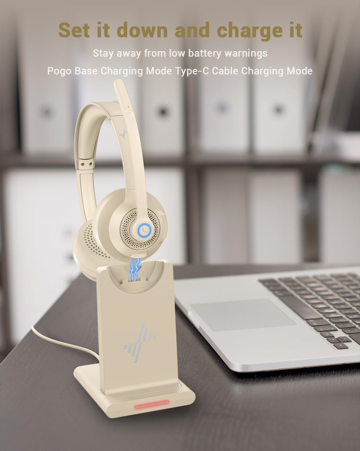 JIAMQISHI Bluetooth Wireless Headset with Mic for Work, Bluetooth 5.2, Advanced Noise Reduction Microphone, Clear Calls - Comfortable On-Ear Headphones, Applicable to PC, Laptop, Phone（Apricot）