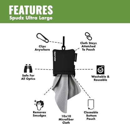 SPUDZ Ultra Microfiber Lens Cleaner – Closable Pouch, Clip-On, Washable – for Optics, Scopes, Glasses | Navy Blue, 10 x 10 Inch