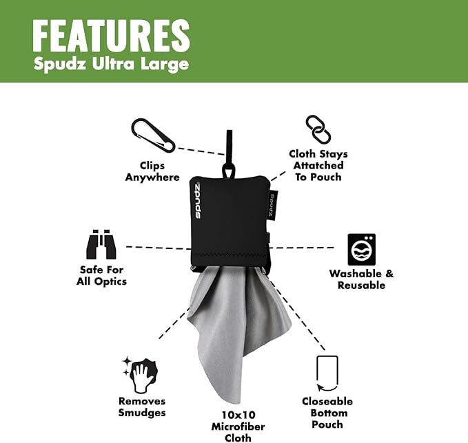 SPUDZ Ultra Microfiber Lens Cleaner – Closable Pouch, Clip-On, Washable – for Optics, Scopes, Glasses | Stealth Shadow, 10 x 10 Inch