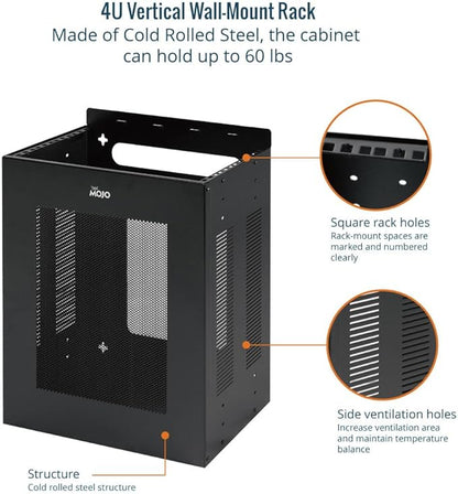 Tecmojo 4U Server Rack, Vertical/Horizontal Wall Mountable Rack with Vented Enclosure for 19 Inch IT Equipment, Cable Modems, Telecom, A/V,Black