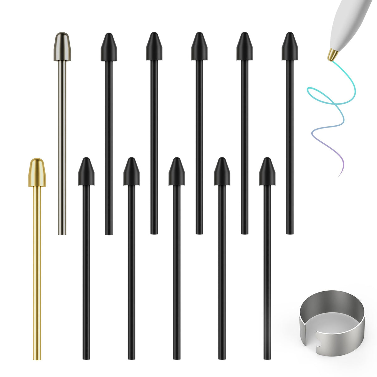 AHBTEYM 12Pcs Metal Pen Tips for Remarkable 2 Pen, Gold/Silver/Black