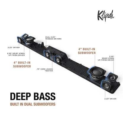 Klipsch Flexus CORE 200 3.1.2 Channel Powered by Onkyo Bluetooth Sound Bar with Dolby Atmos and Custom Tuned Bass - Black, 44" W