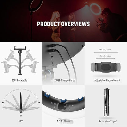 NEEWER 19" RGB LED Ring Light with Stand, 3 Phone Holders, Touch Panel, 2.4G/App Control, 42W CRI97+ 2800lux/0.5m 360° Hue Dimmable Professional Lighting for Makeup Live Streaming Zoom Calls, RP19C