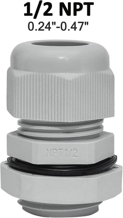 10 Pcs 1/2" NPT Nylon Cable Glands, IP68 Waterproof Adjustable Cord Grip Cable Connector Strain Relief Wire Protectors for 6-12mm Cable Diameter, Grey