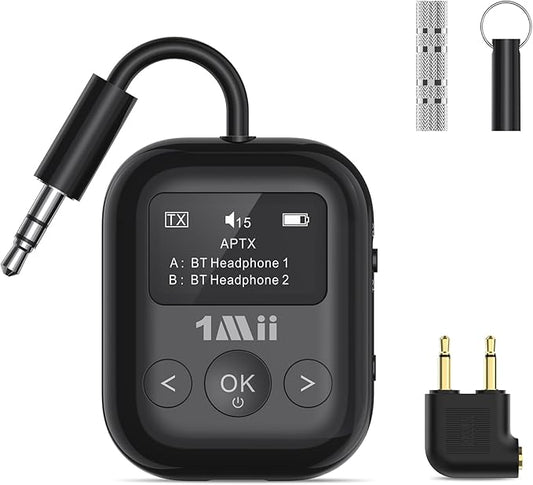 1Mii SafeFly Min+ Bluetooth Transmitter and Receiver, Bluetooth Adapter for Airplane, Supports to 2 AirPods/Headphones, Use with Any 3.5mm Jack on Airplanes, Gym, TVs, Car, Home, Boat(White)