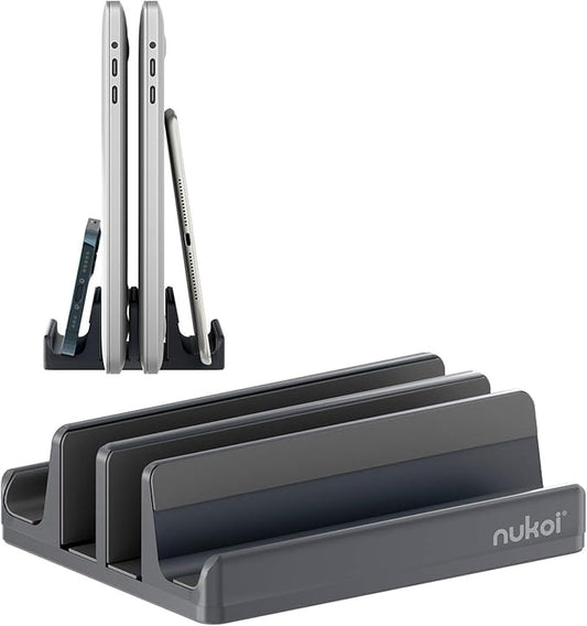 Nukoi Vertical Laptop Stand - SPACEMax Adjustable GRIPLock Anti-Tip Silicone 4 Slots Aluminum Desktop Holder - Double Dock Stand - 2 Phone Slots Fits Up to 17.3” Laptops, Tablets, Phones - Gray