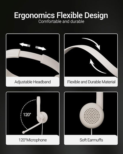 USB Headset with Microphone for PC - Wired Computer Headphones with Noise Cancelling Microphone for Home Office Online Class Skype Zoom Meetings
