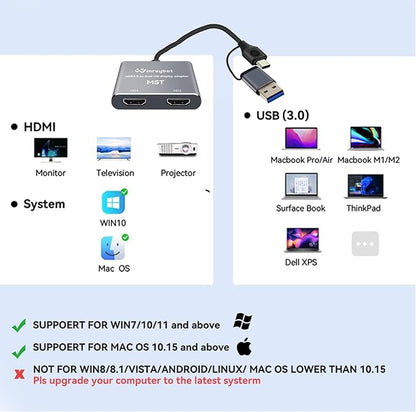 USB to HDMI Adapter for 2 Monitors-USB3.0 to Dual hdmi for 3 Monitors-USB to HDMI with Two HD Displau Supports Mac & Windows/Dual HDMI Extender -External Video & Graphics Card Adapter