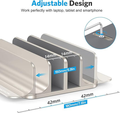 OMOTON [Updated Dock Version Vertical Laptop Stand, Double Desktop Stand Holder with Adjustable Dock (Up to 17.3 inch), Fits All MacBook/Surface/Samsung/HP/Dell/Chrome Book (Starlight)