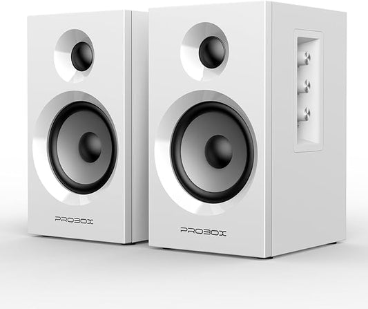 Probox Powered Bookshelf Speakers HiFi Computer Gaming Monitors with Bluetooth 5.3 & 24-Bit USB DAC Stereo Speaker PC Speakers 3.5" Woofer,1" Silk Dome Tweeter, Adjustable Bass/Treble BT16 - White