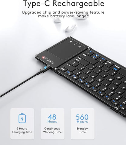 Samsers Foldable Bluetooth Keyboard with Touchpad, Full-Size Dual-Mode Wireless Folding Keyboard, Rechargeable Portable Travel for iOS Windows Android Mac OS, Support 4 Device(BT5.1x3 + 2.4G)