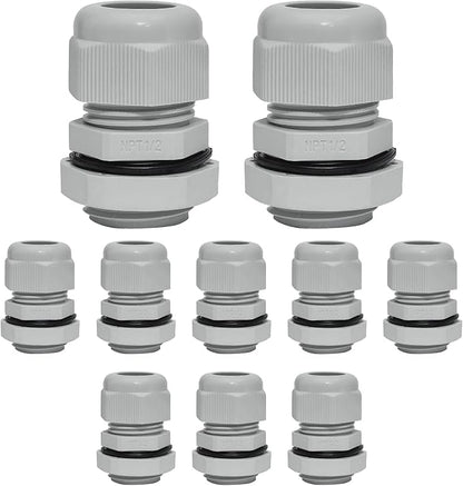 10 Pcs 1/2" NPT Nylon Cable Glands, IP68 Waterproof Adjustable Cord Grip Cable Connector Strain Relief Wire Protectors for 6-12mm Cable Diameter, Grey