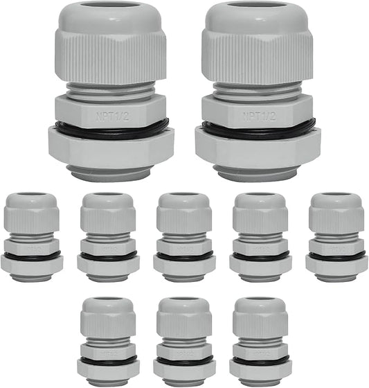 10 Pcs 1/2" NPT Nylon Cable Glands, IP68 Waterproof Adjustable Cord Grip Cable Connector Strain Relief Wire Protectors for 6-12mm Cable Diameter, Grey
